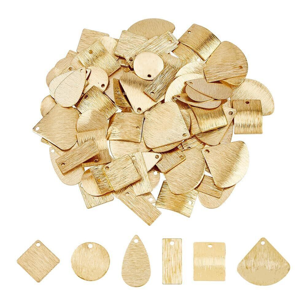 6002 96Pcs 6 Style Brass Pendants Charms Triangle Oval Square Fan Blank Tag